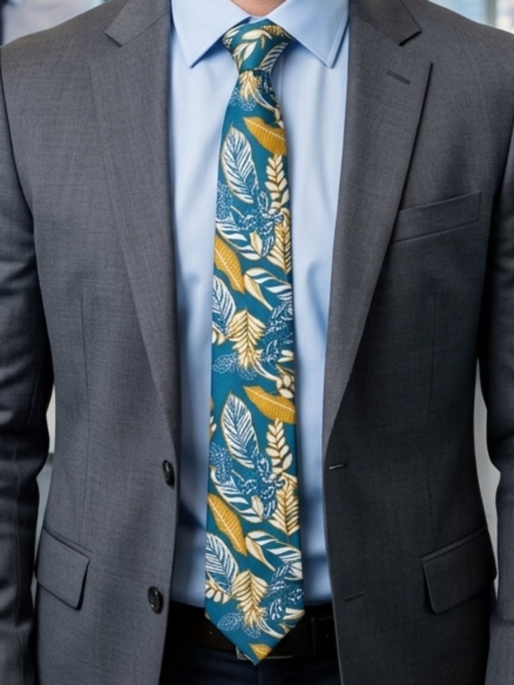 NWT Original Penguin Tropical Floral Skinny Tie Blue Gold Cotton Leaf Slim Neckt